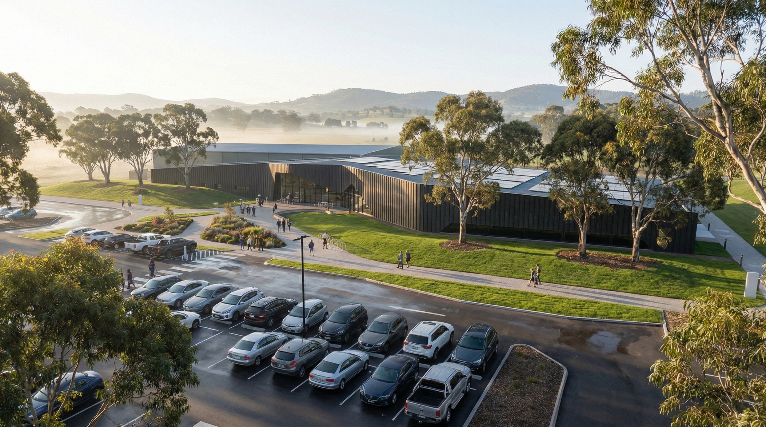 Concept design including parking in the foreground and in the background a modern looking structure sits