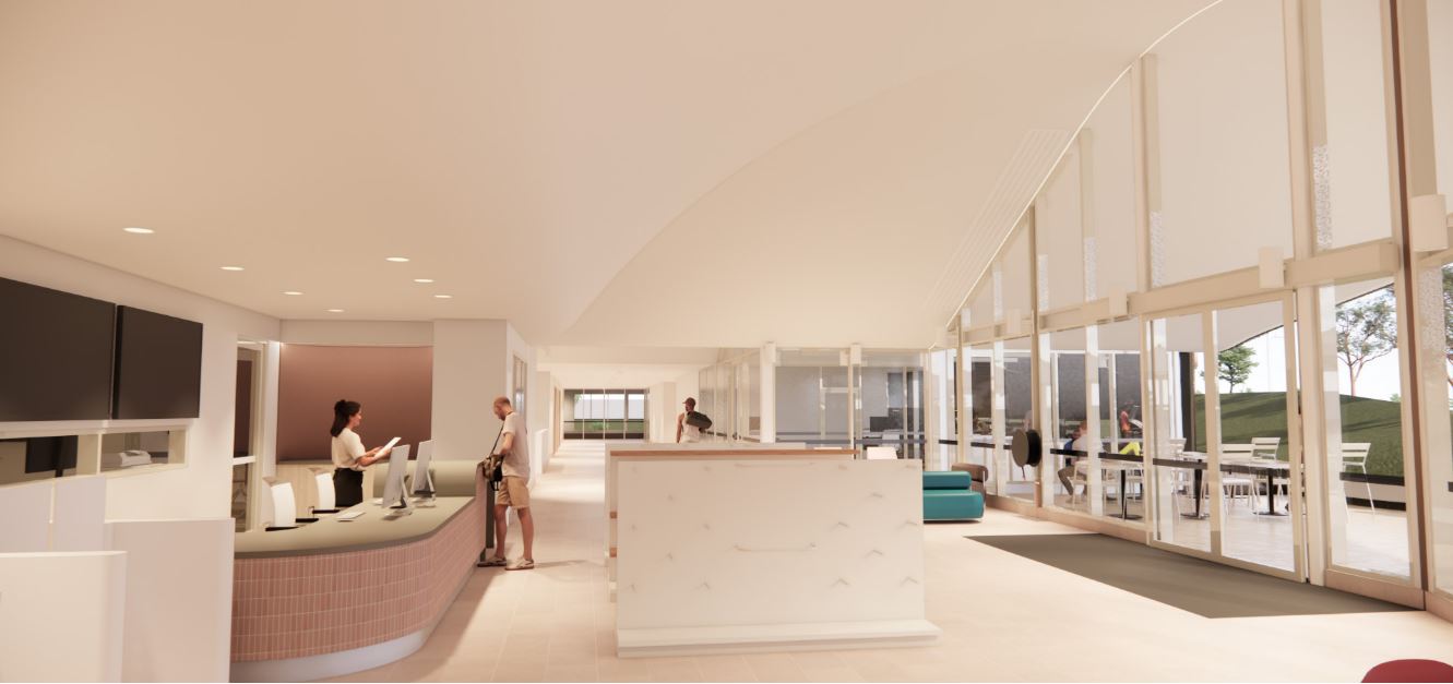 Concept design of a pool lobby area with service desk on left side