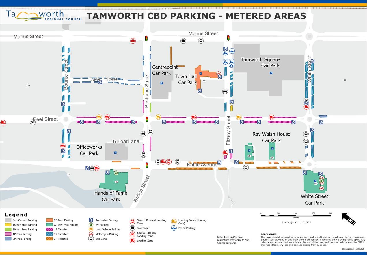 Map of parking areas in the Tamworth CBD