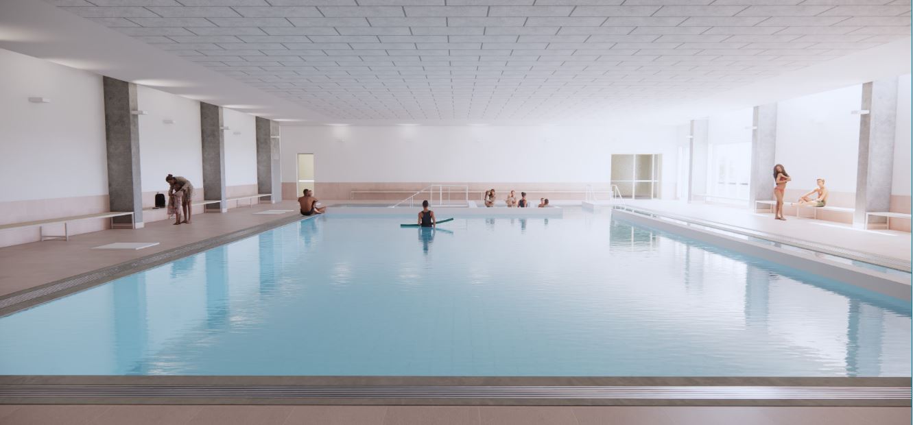 Concept image of indoor warm pool with a few people inside in bacground.